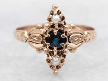 Victorian Sapphire and Seed Pearl Navette Ring - image 1