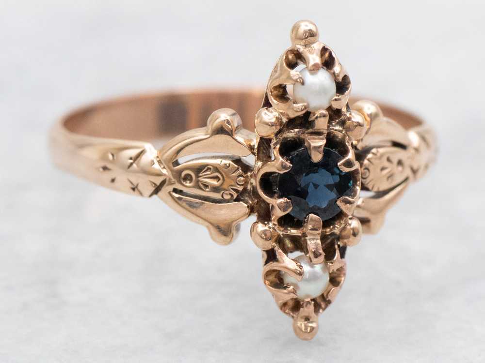 Victorian Sapphire and Seed Pearl Navette Ring - image 2