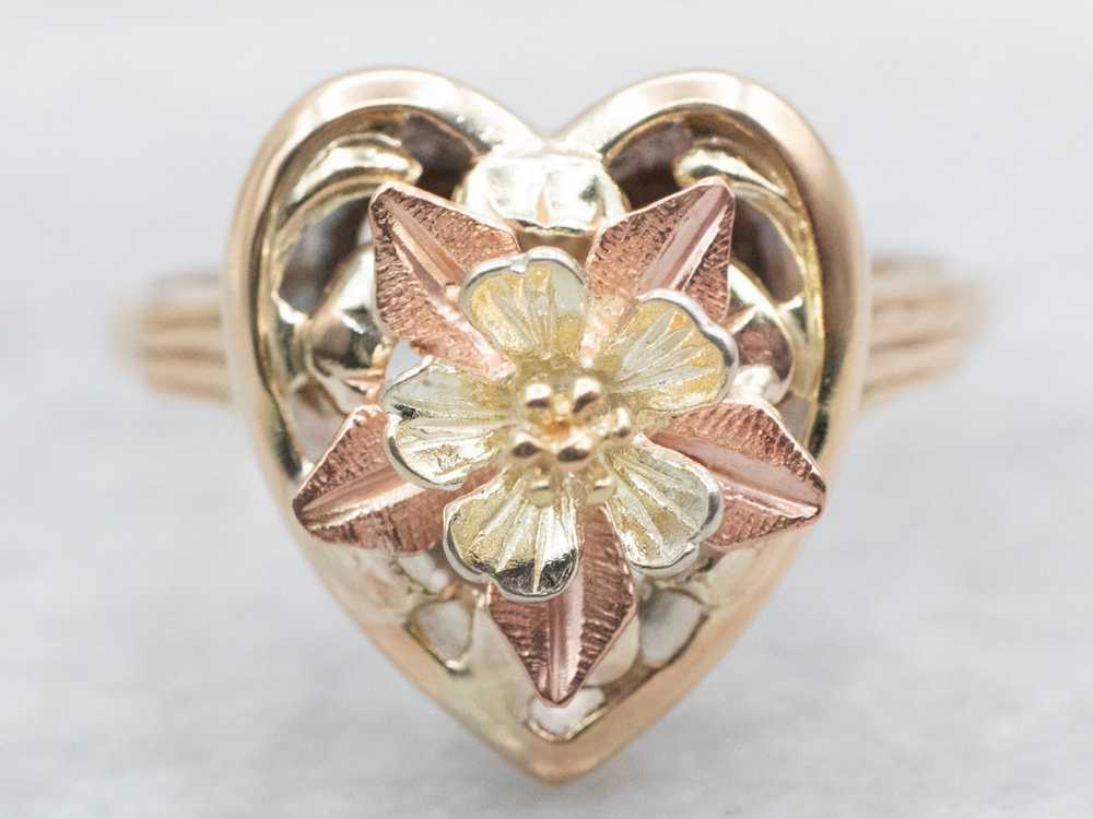 Mid Century Two Tone Heart Flower Blossom Ring - image 1