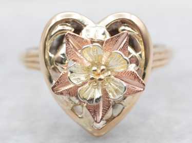 Mid Century Two Tone Heart Flower Blossom Ring - image 1