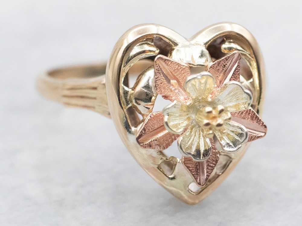 Mid Century Two Tone Heart Flower Blossom Ring - image 2