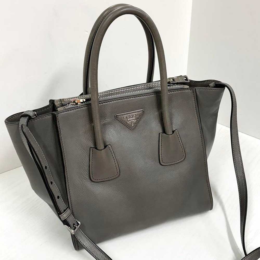 PRADA Triangle Logo All-Leather 2-Way Handbag Gra… - image 2