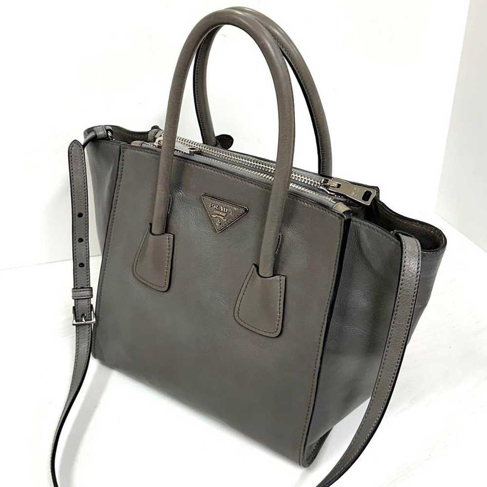 PRADA Triangle Logo All-Leather 2-Way Handbag Gra… - image 3