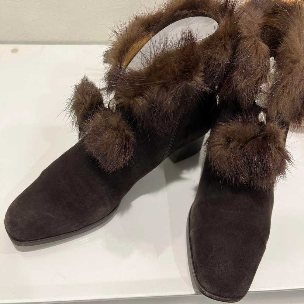 Dark Brown Suede Booties with Fur Trim - image 1