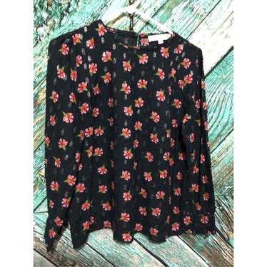 Loft LOFT ~ Medium Petite MP Floral Top Black Pink