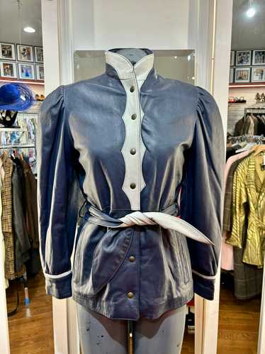 70’s Navy & Gray Leather Jacket By Vera Pelle