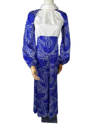 Blue & White Paisley Jumpsuit 1970s