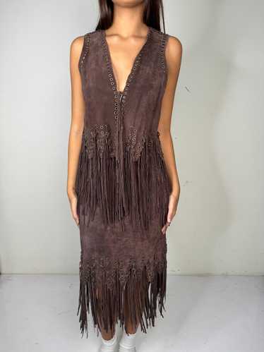 Maxima Brown Suede Fringed Vest & Skirt 1990s