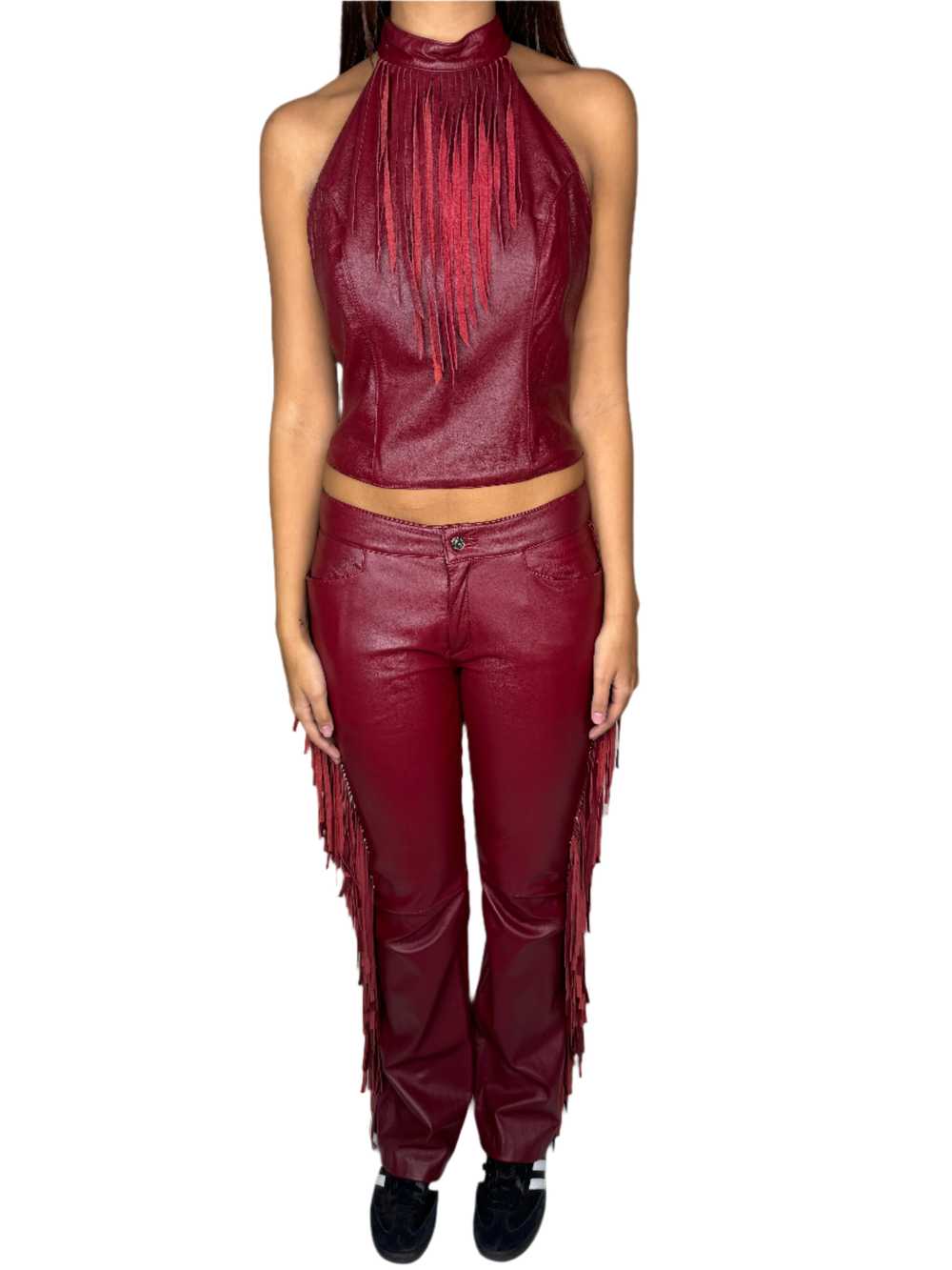 Maxima Leather Fringed Pants & Halter Set 1990s - image 1