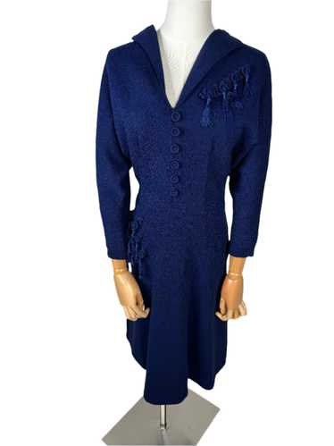 Navy Blue Knit Dolman Sleeve Tassel Dress 1940s