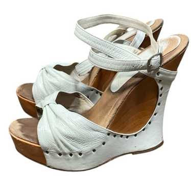 Vintage Y2K 100% Wood & Leather Platform Wedge wi… - image 1