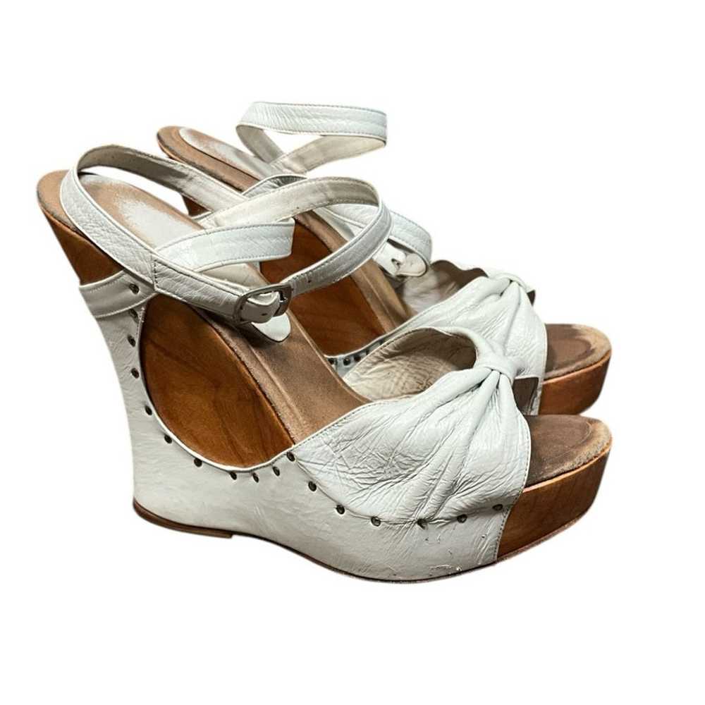 Vintage Y2K 100% Wood & Leather Platform Wedge wi… - image 3