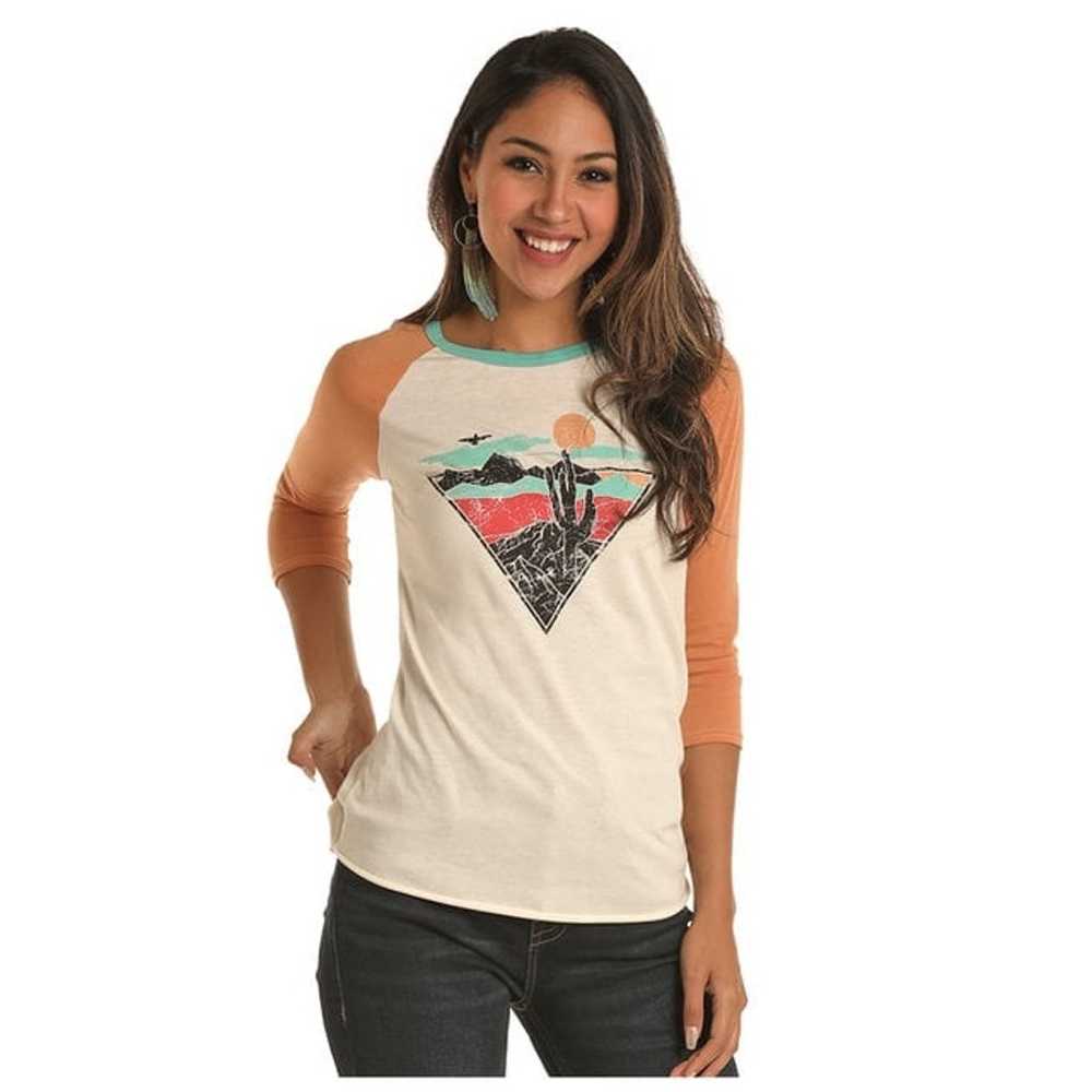 NWOT Rock & Roll Cowgirl Cactus Sunset Baseball T… - image 1