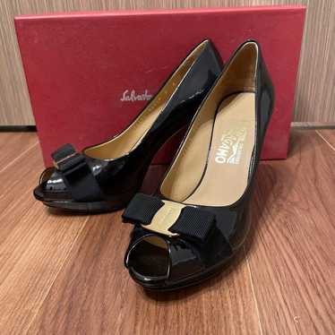 Ferragamo black patent open-toe pumps size 7 - image 1