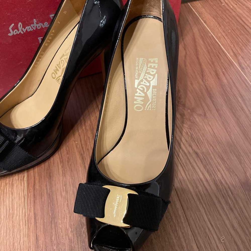 Ferragamo black patent open-toe pumps size 7 - image 2