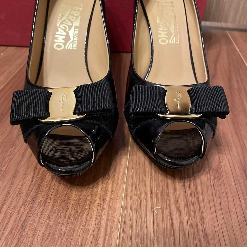 Ferragamo black patent open-toe pumps size 7 - image 3