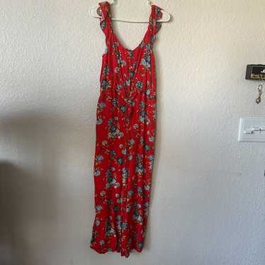 LOFT Red Blue Floral Jumpsuit Pockets Size 6 - image 1