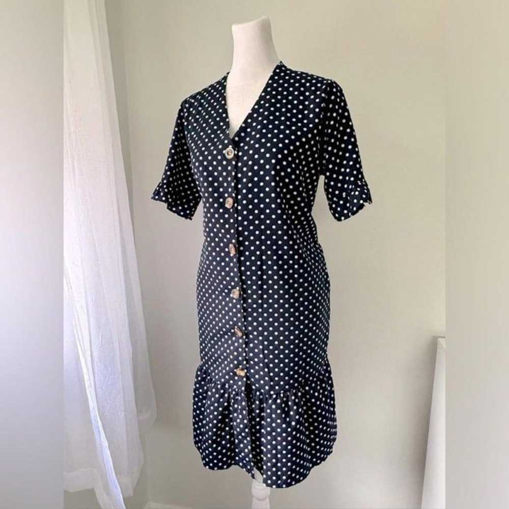 Navy Blue & White Polka Dot Short Sleeve Knee Len… - image 1