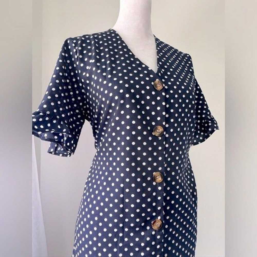 Navy Blue & White Polka Dot Short Sleeve Knee Len… - image 2