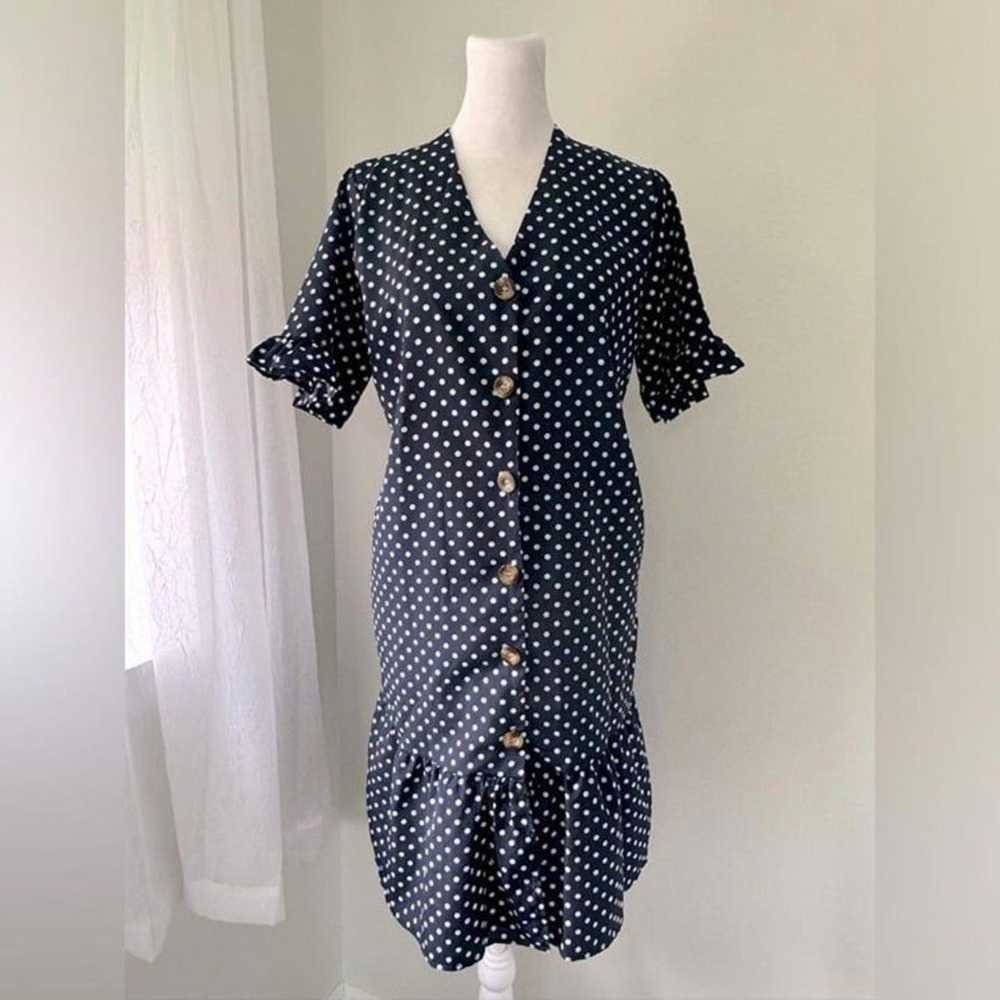 Navy Blue & White Polka Dot Short Sleeve Knee Len… - image 3