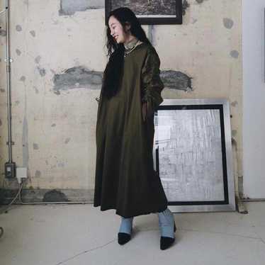 Olive Green Gathered Sleeve Long Dress