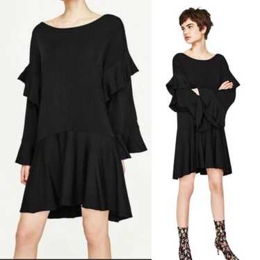 Zara Knit black frill long sleeve ruffle dress