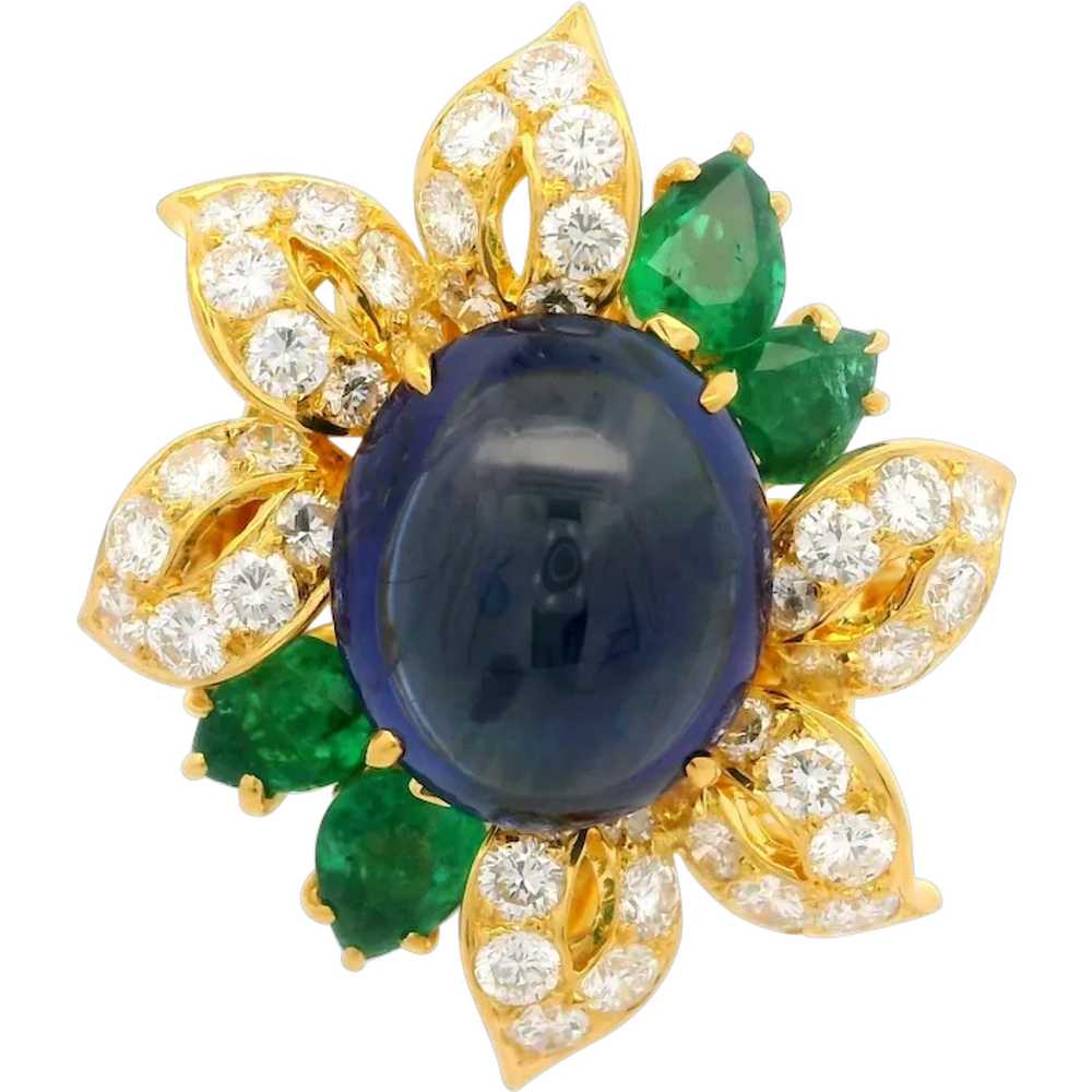 18k Yellow Gold GIA 7.27ctw Cabochon Sapphire Eme… - image 1