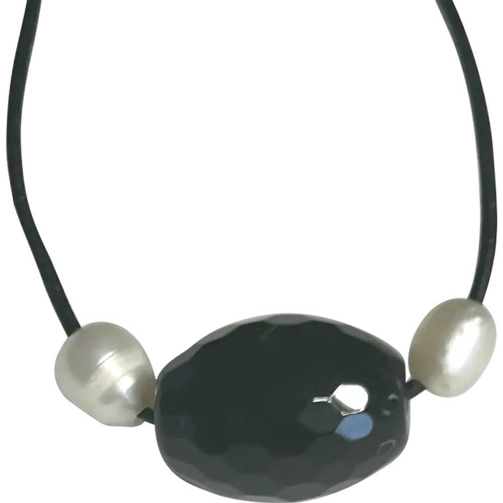 Large Natural Onyx, Cultured Pearl/Leather Cord - image 1