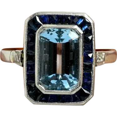 Art Deco Platinum Emerald Cut Aqua With Sapphire H