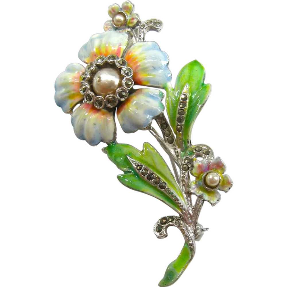 Vintage Large Enamel and Marcasite White Flower B… - image 1