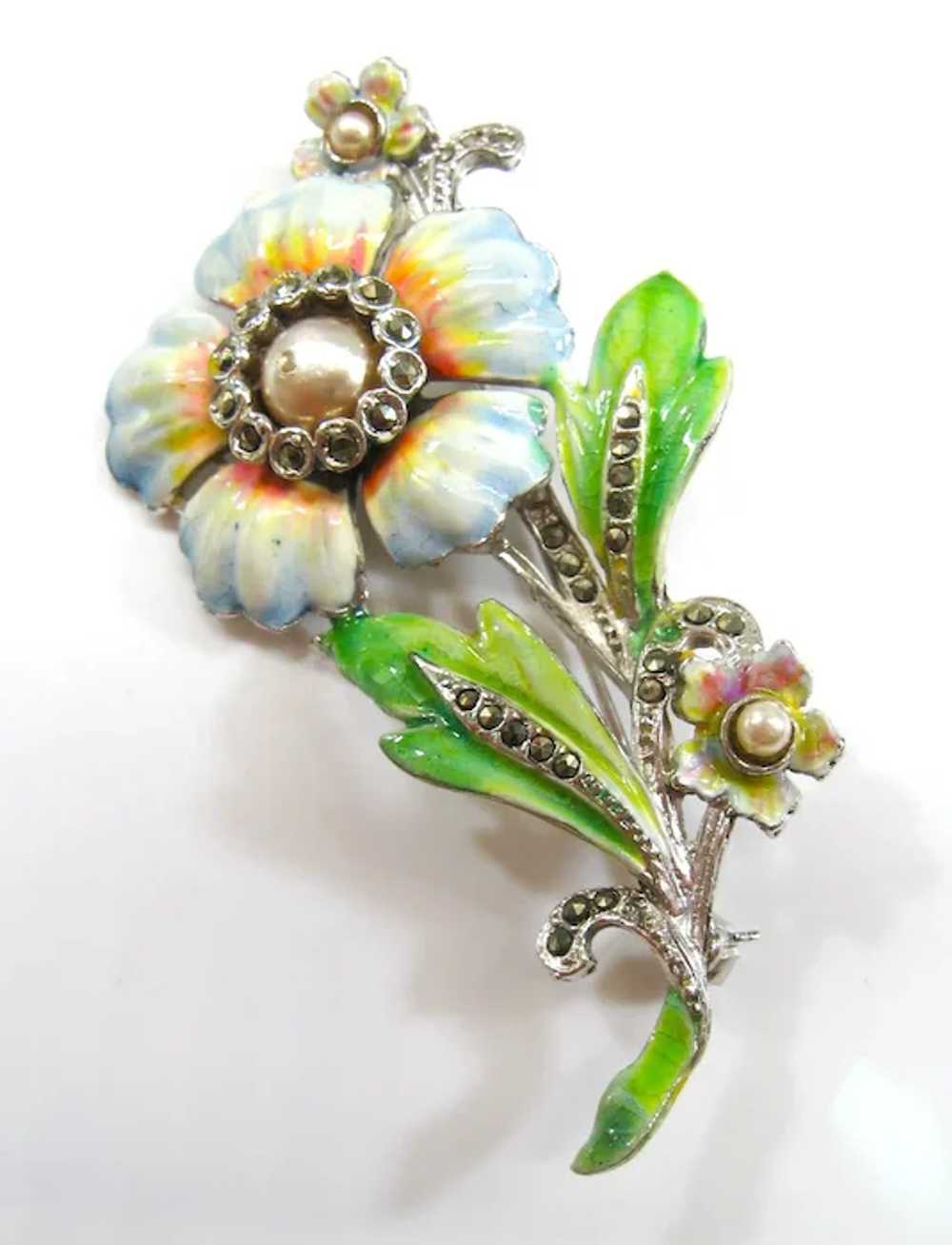 Vintage Large Enamel and Marcasite White Flower B… - image 3