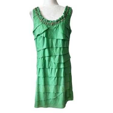 SL Fashions Green Sleeveless Ruffled Dress Beaded 