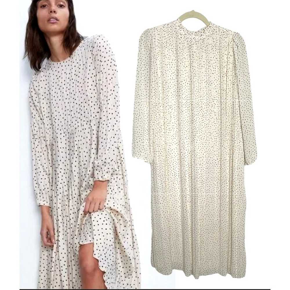 NEW Zara S Polka Dot Pleated Tent Dress Long Slee… - image 1