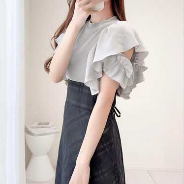 Gray frill top black long dress - image 1