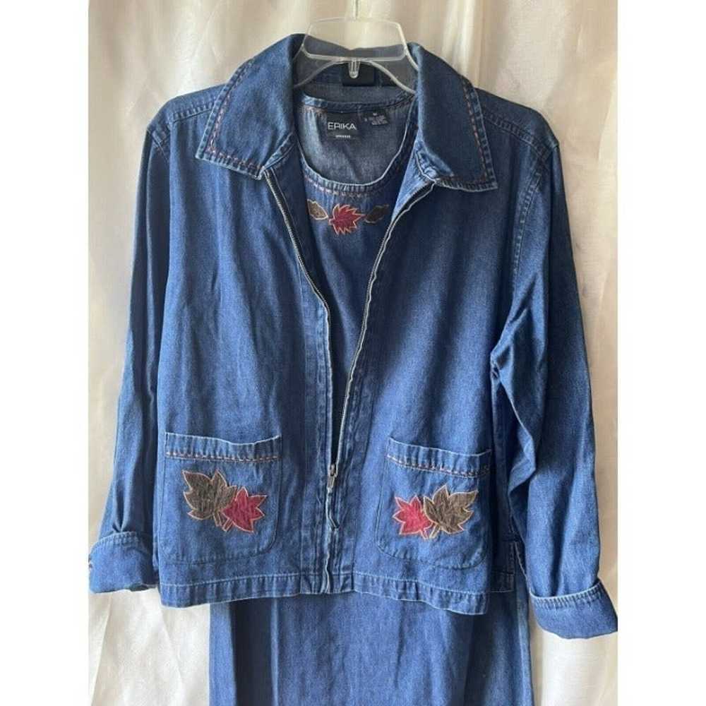 Vintage Embroidered Leaves Leaf Medium Denim Long… - image 3