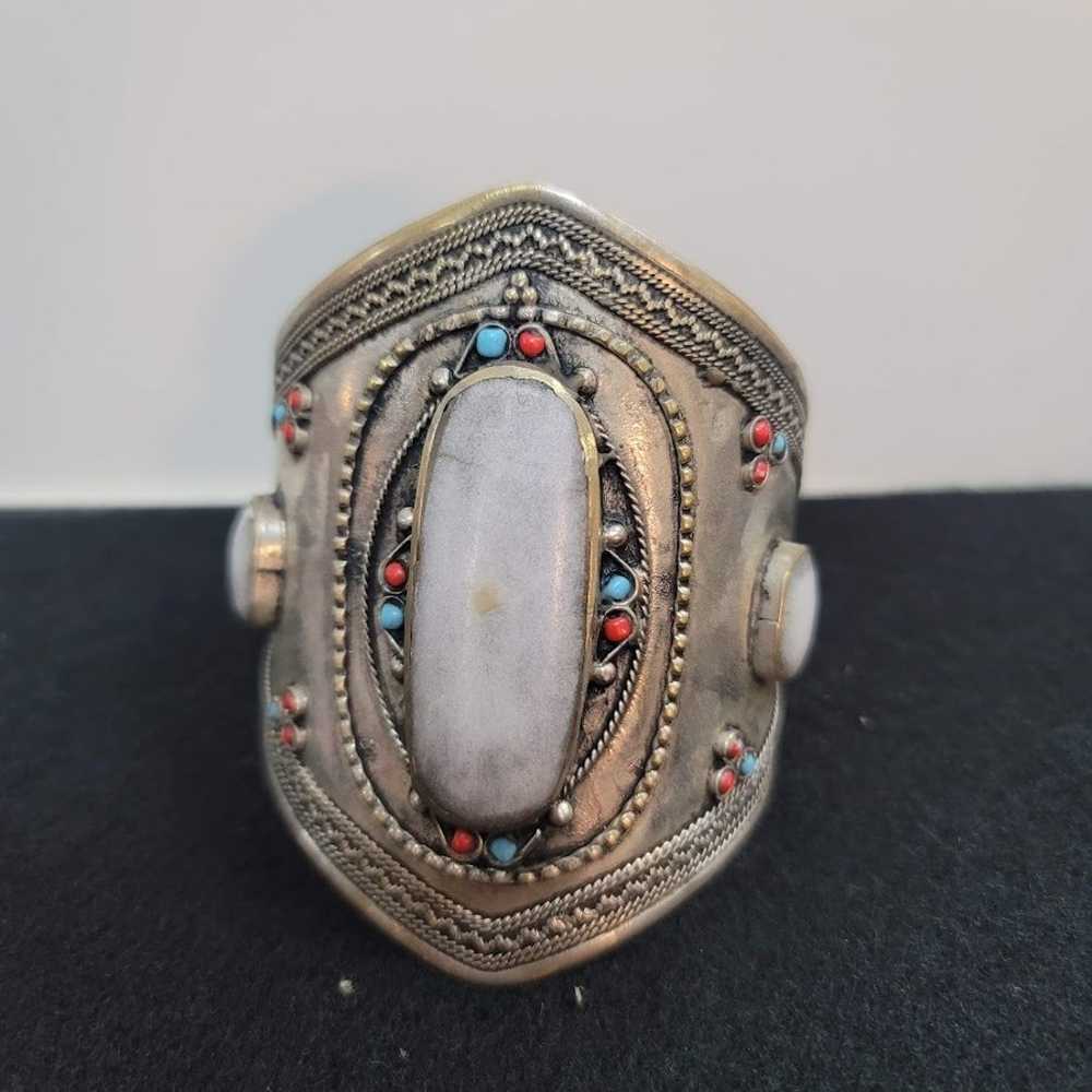 Cuff bracelet Kuchi Tribal Stone Alpaca Silver Tu… - image 1