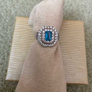 JTV Emerald Cut Blue Topaz And White Topaz Ring