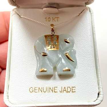 10k Solid Yellow Gold Genuine Jade Elephant Penda… - image 1