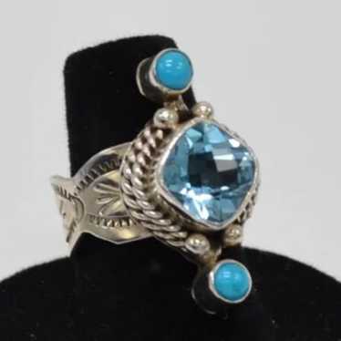 VINTAGE Sterling Blue Topaz & Turquoise Ring - image 1