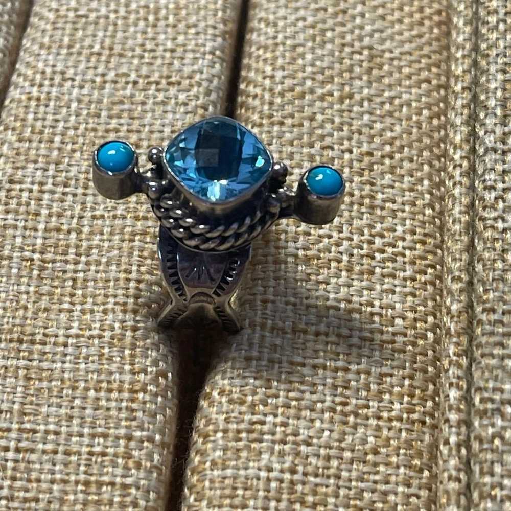 VINTAGE Sterling Blue Topaz & Turquoise Ring - image 2