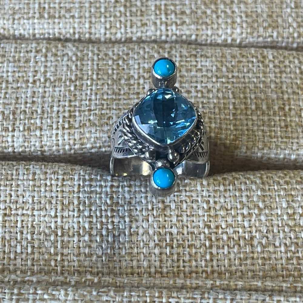 VINTAGE Sterling Blue Topaz & Turquoise Ring - image 3