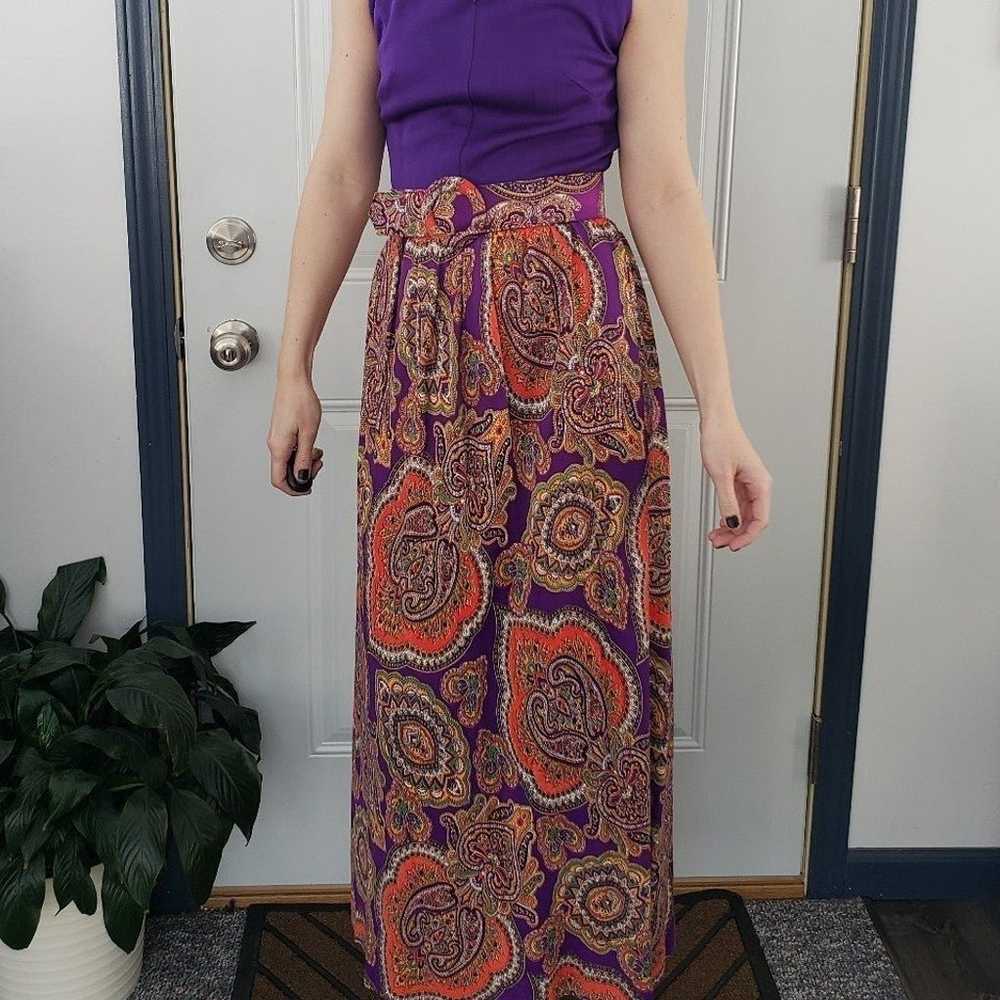 Vintage 70s Purple and Orange Groovy Maxi Dress - image 1