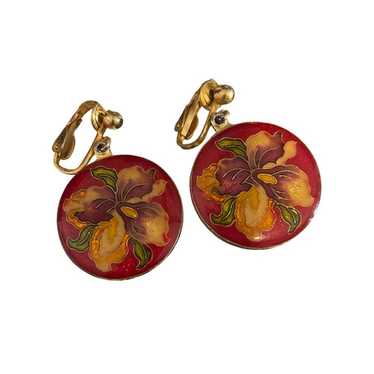 Vintage Cloisonne Floral Clip-On Earrings Round E… - image 1