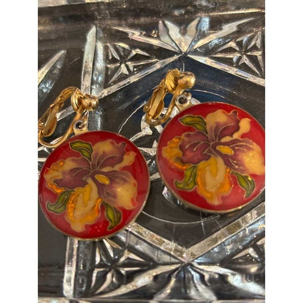 Vintage Cloisonne Floral Clip-On Earrings Round E… - image 2