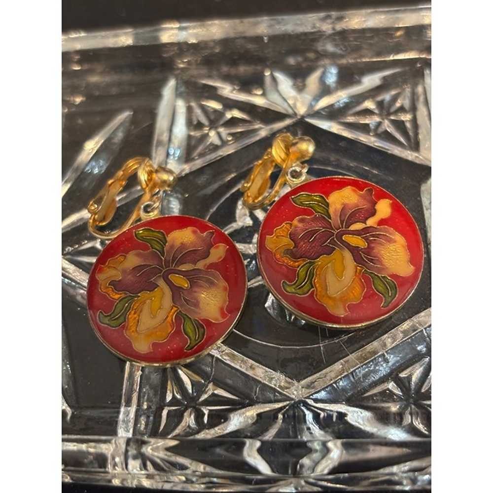 Vintage Cloisonne Floral Clip-On Earrings Round E… - image 3