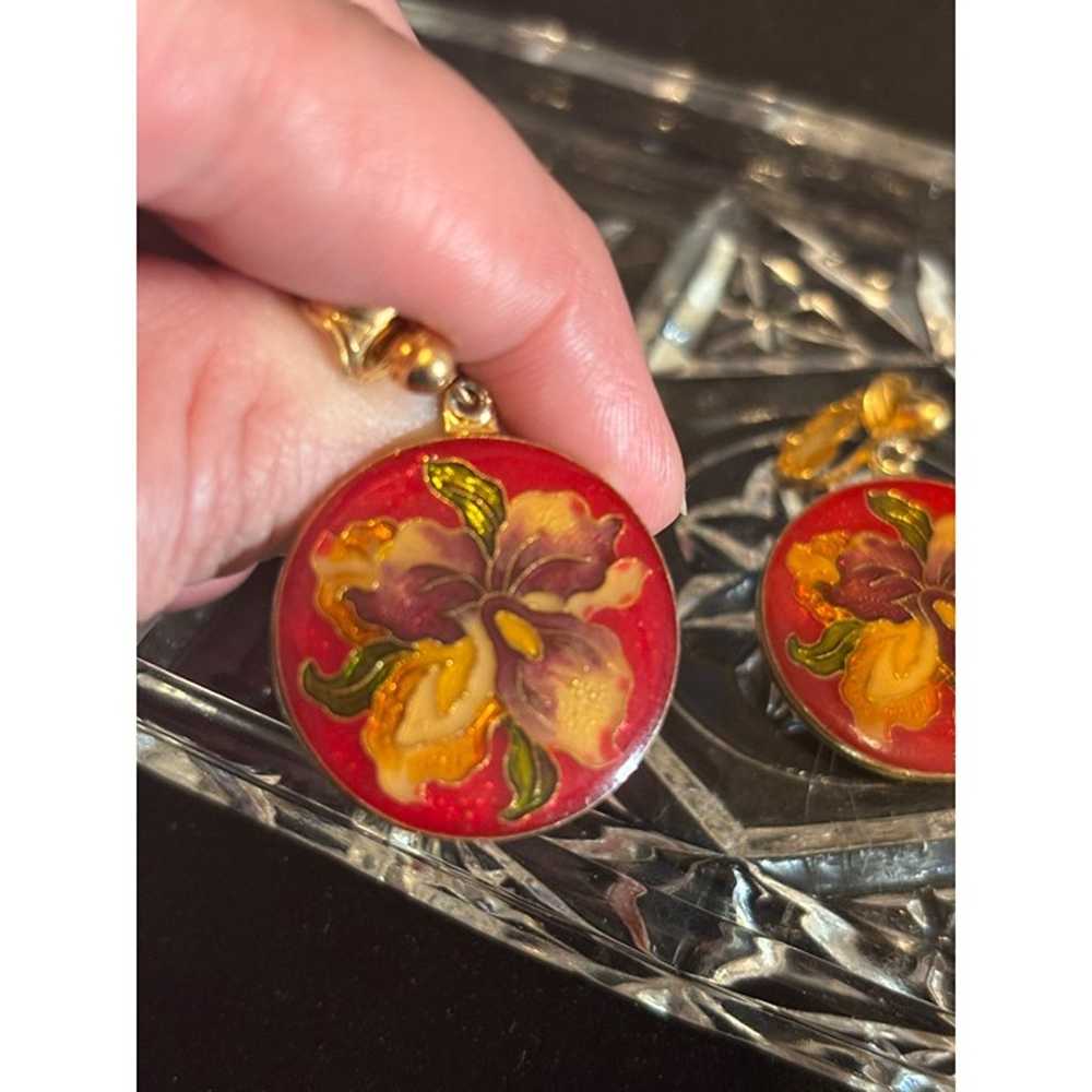 Vintage Cloisonne Floral Clip-On Earrings Round E… - image 4