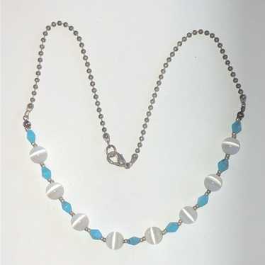 Silver Tone Ball Beaded Moonglow & Blue Beaded Boh