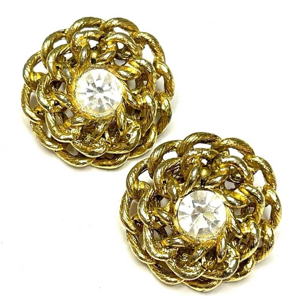 Vintage Clip Earrings Clear Rhinestone Gold Tone … - image 1