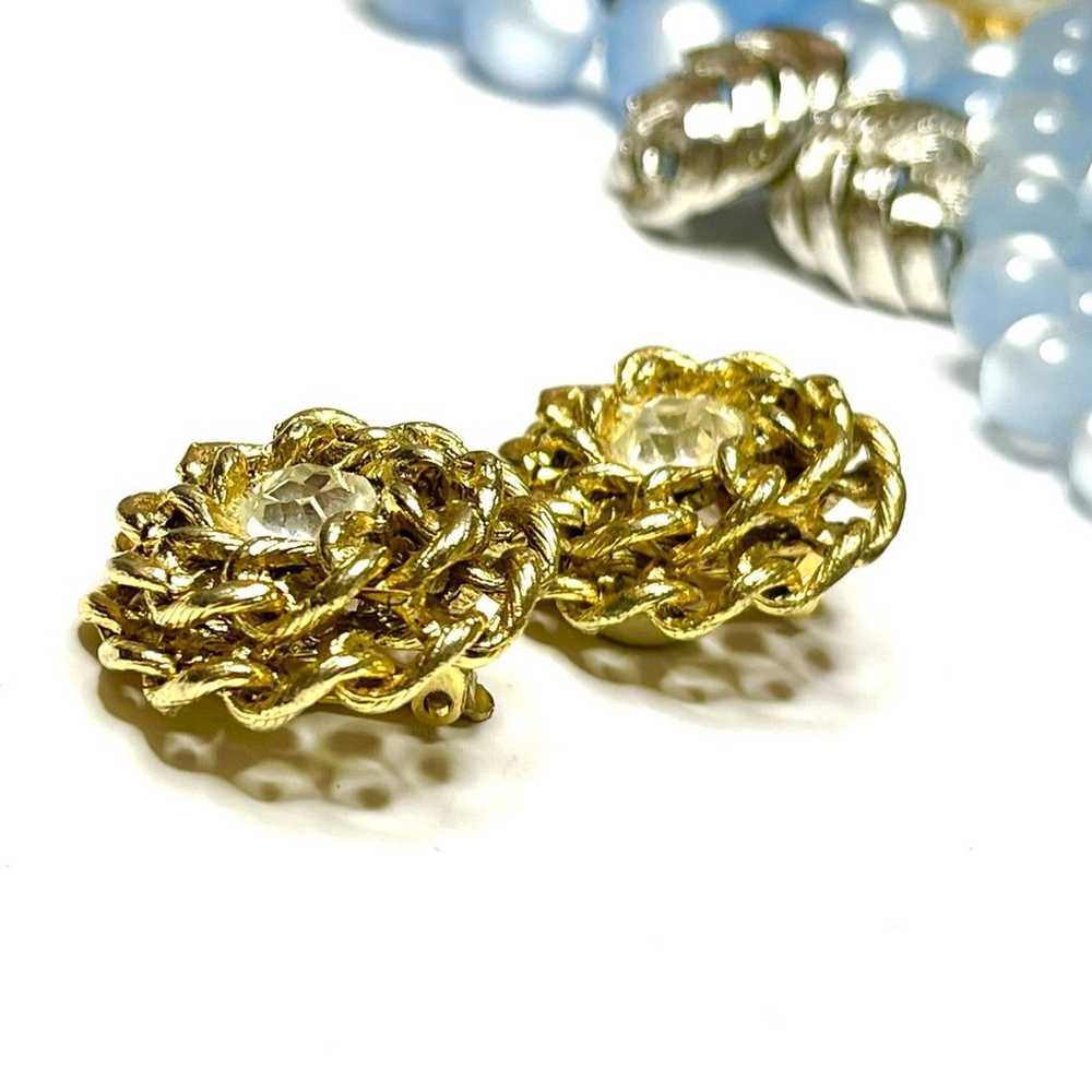 Vintage Clip Earrings Clear Rhinestone Gold Tone … - image 3