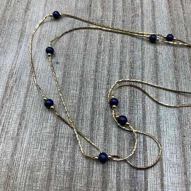 Monet Vintage Dainty Blue Glass Beaded Gold Tone … - image 1